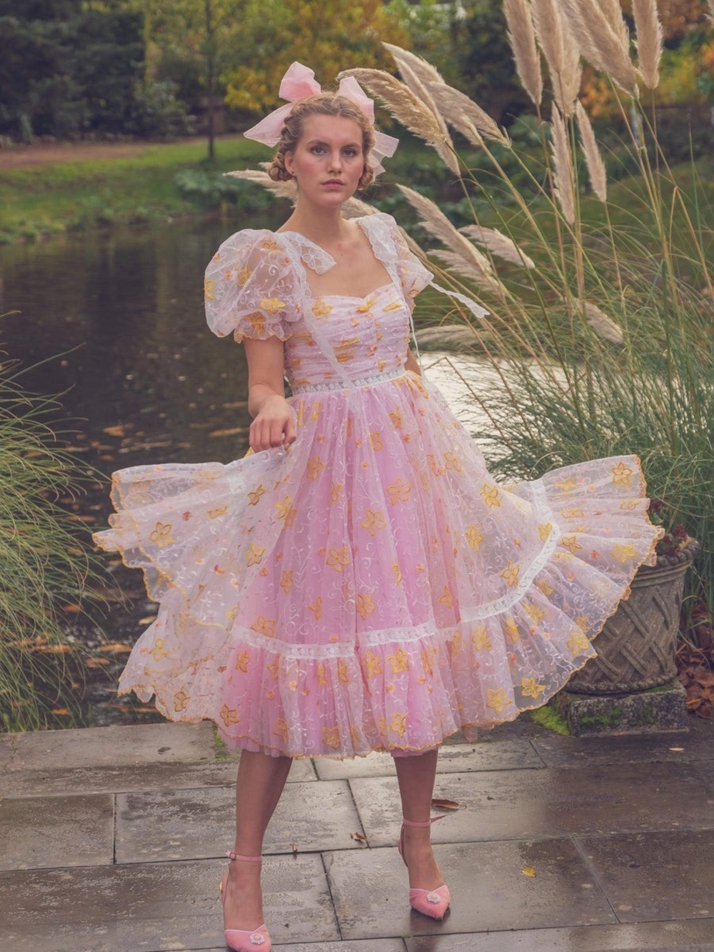 Fairy Tong London Pink Floral Lace Puff-Sleeve Midi Dress XL